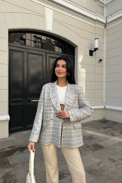 Gold Düğme Colorful Blazer Ekru