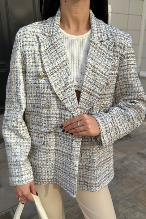 Gold Düğme Colorful Blazer Ekru