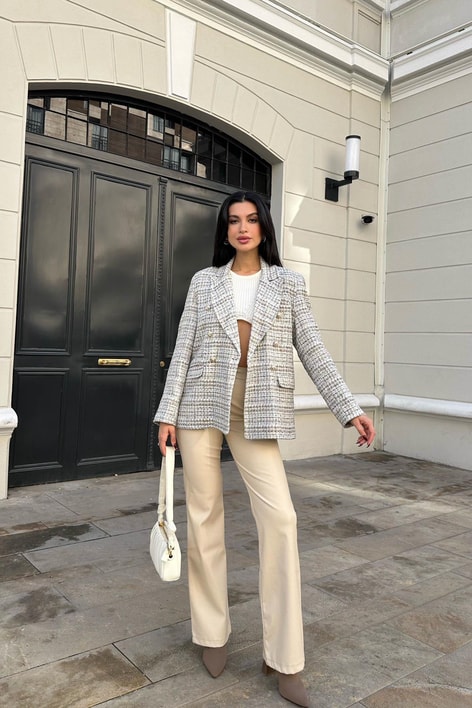 Gold Düğme Colorful Blazer Ekru