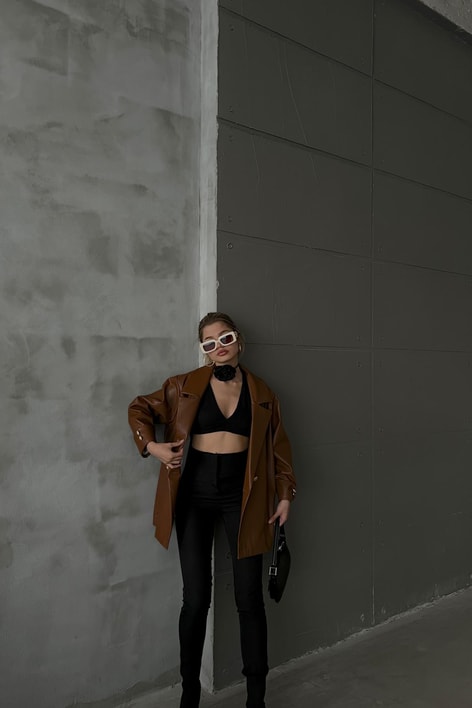 Gold Düğme Oversize Deri Blazer Ceket Kahve