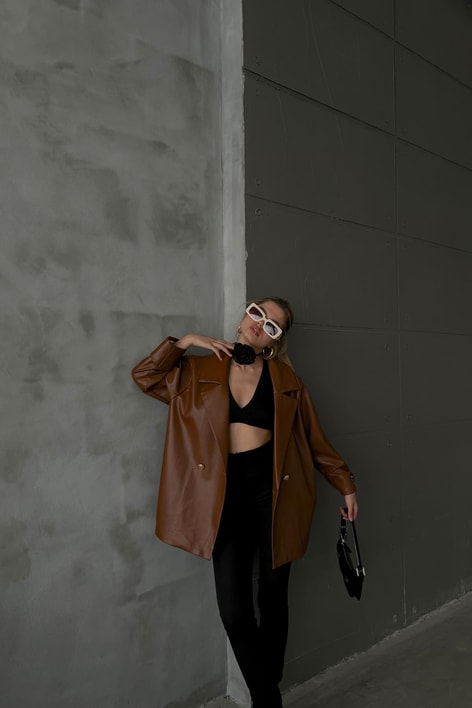 Gold Düğme Oversize Deri Blazer Ceket Kahve