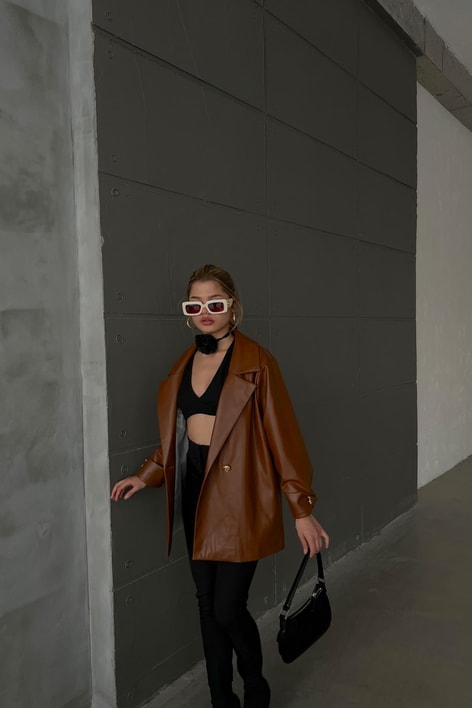 Gold Düğme Oversize Deri Blazer Ceket Kahve