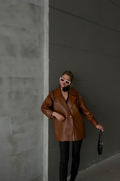 Gold Düğme Oversize Deri Blazer Ceket Kahve