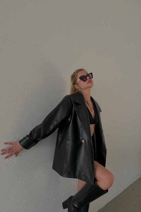 Gold Düğme Oversize Deri Blazer Ceket Siyah