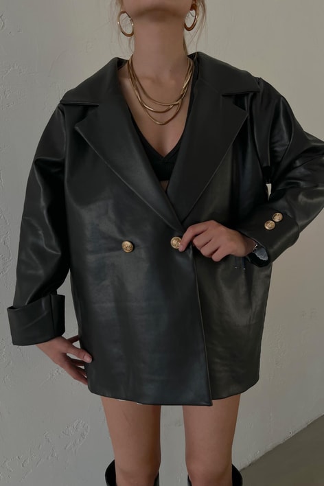 Gold Düğme Oversize Deri Blazer Ceket Siyah