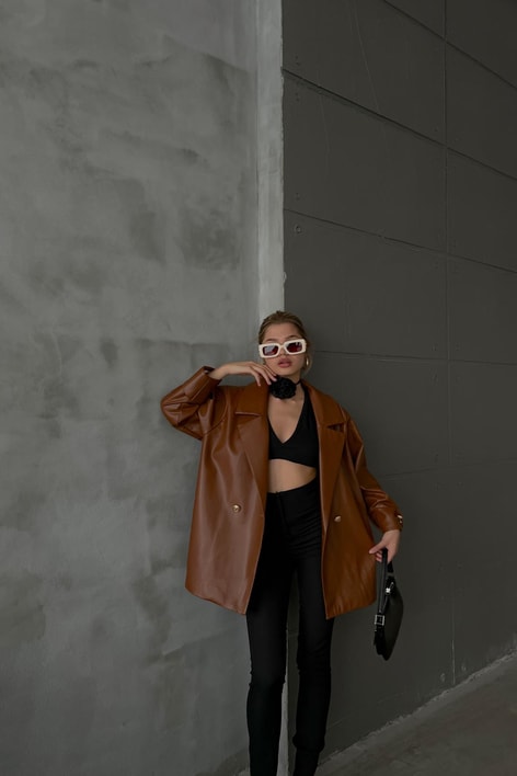 Gold Düğme Oversize Deri Blazer Ceket Kahve