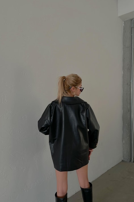 Gold Düğme Oversize Deri Blazer Ceket Siyah