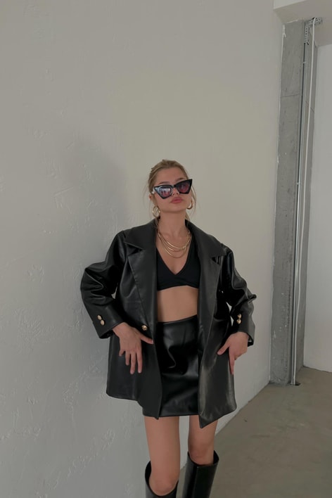 Gold Düğme Oversize Deri Blazer Ceket Siyah