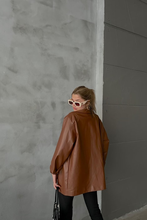 Gold Düğme Oversize Deri Blazer Ceket Kahve