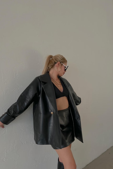 Gold Düğme Oversize Deri Blazer Ceket Siyah