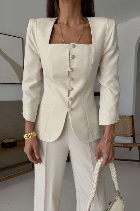 Gold Düğmeli Princess Blazer Krem