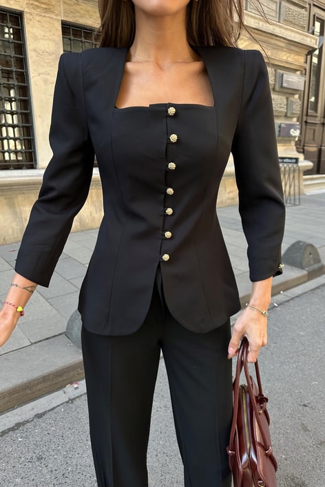 Gold Düğmeli Princess Blazer Siyah