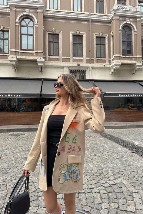 Grafiti Ekose Blazer Ceket Bej