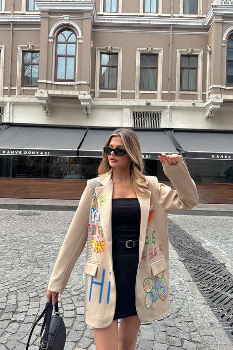 Grafiti Ekose Blazer Ceket Bej