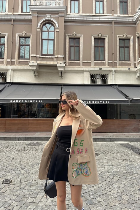 Grafiti Ekose Blazer Ceket Bej