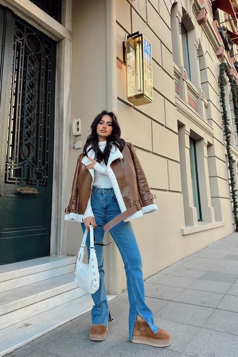 İçi Kürklü Kemer Detay Deri Ceket Kahve