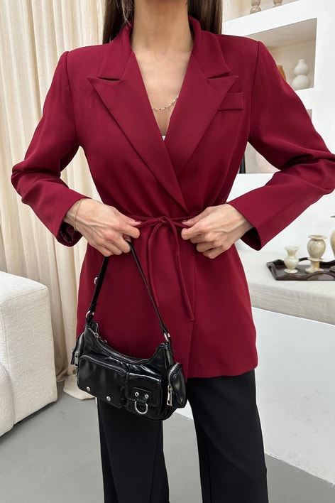 İp Kemerli Blazer Ceket Bordo