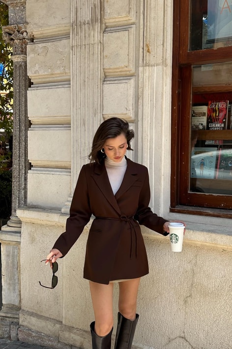İp Kemerli Blazer Ceket Kahve