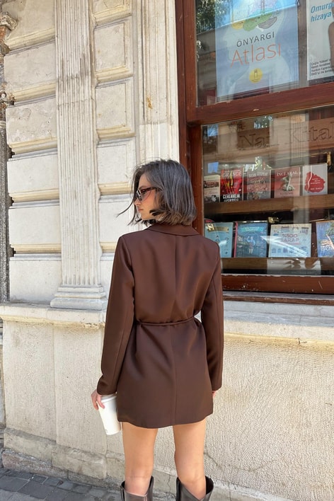İp Kemerli Blazer Ceket Kahve