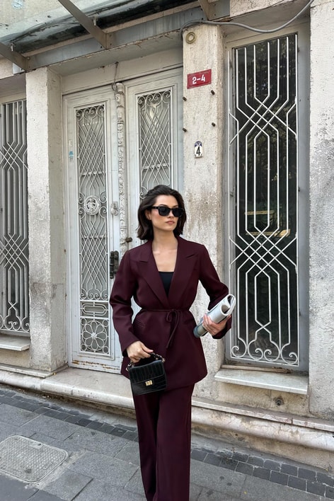 İp Kemerli Blazer Ceket Mürdüm