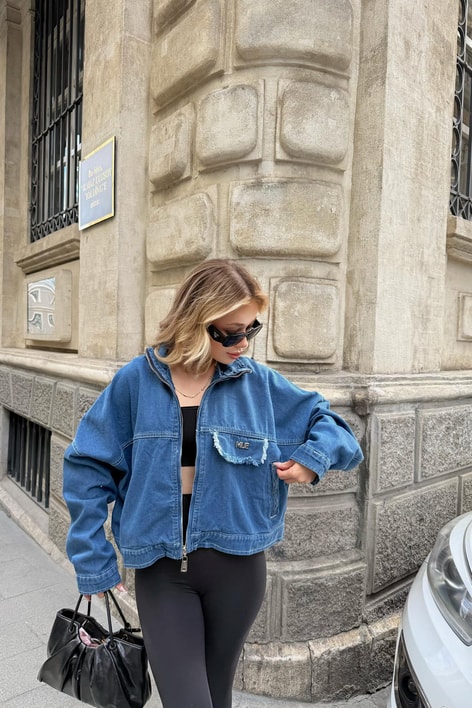 Kapama Cep Denim Ceket Mavi