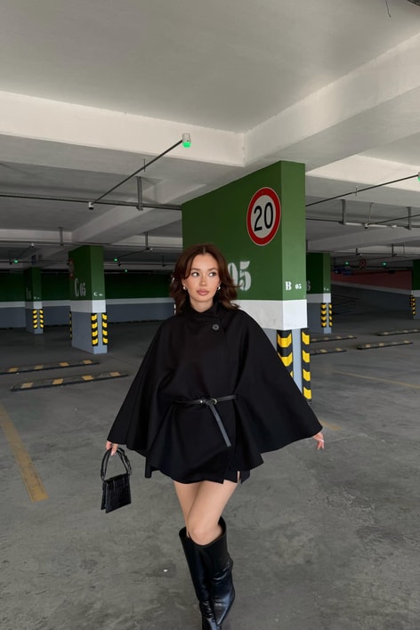 Kaşe Kumaş Panço Siyah