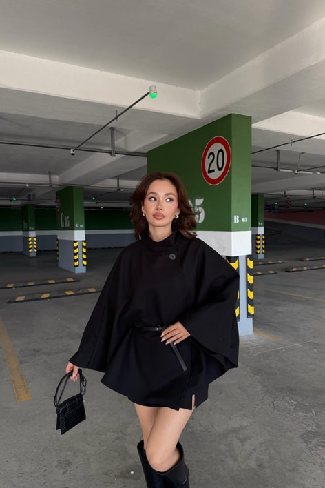 Kaşe Kumaş Panço Siyah