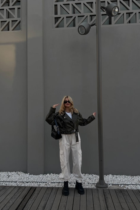 Kemerli Biker Deri Ceket Haki