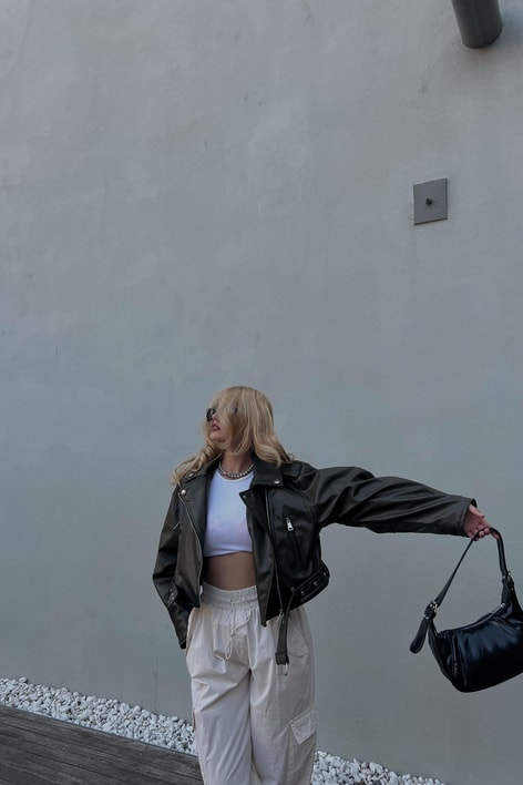 Kemerli Biker Deri Ceket Haki