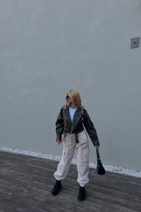 Kemerli Biker Deri Ceket Haki