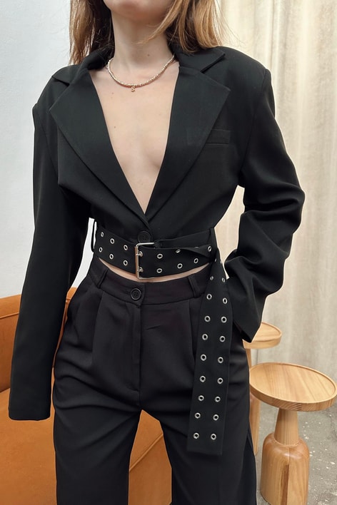 Kemerli Crop Blazer Ceket Siyah