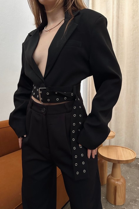 Kemerli Crop Blazer Ceket Siyah