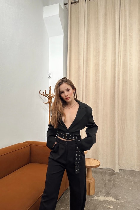 Kemerli Crop Blazer Ceket Siyah