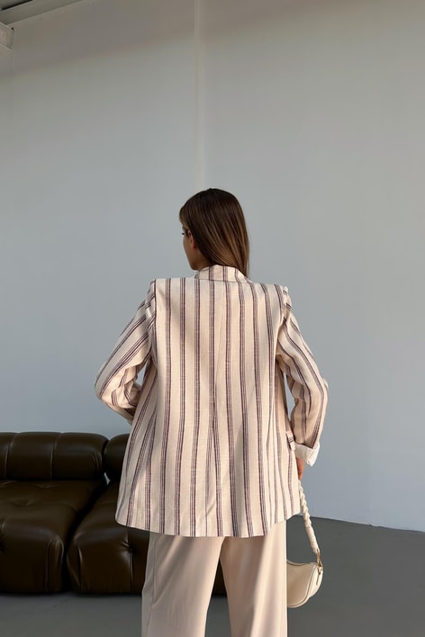 Keten Çizgili Blazer Ceket Kahve