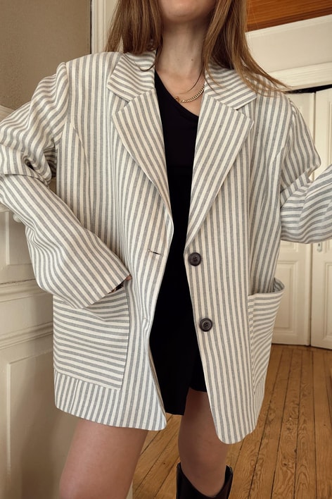 Keten Torba Cep Blazer Ceket Gri