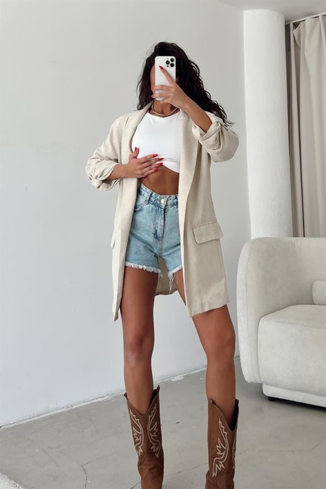 Kol Düğmeli Blazer Keten Ceket Taş