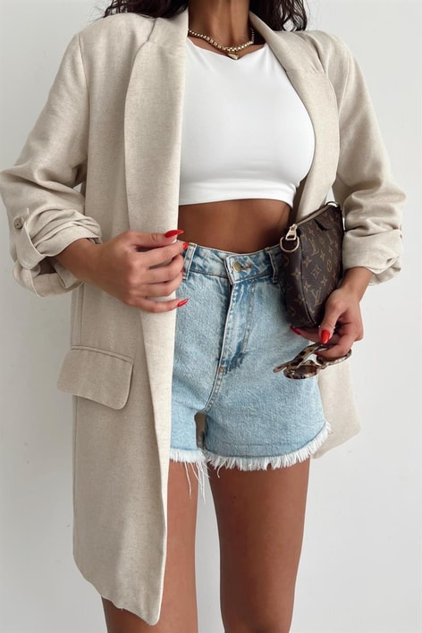 Kol Düğmeli Blazer Keten Ceket Taş