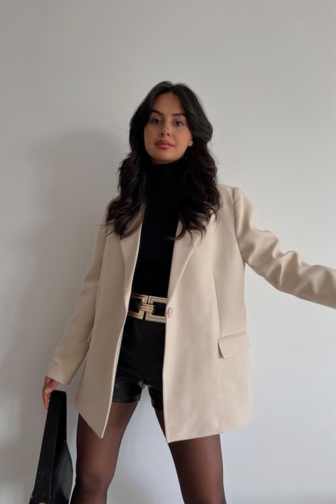 Kruvaze Blazer Dokuma Ceket Bej