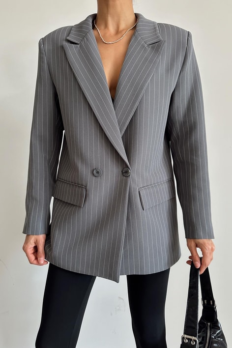 Kruvaze Çizgili Oversize Ceket Antrasit