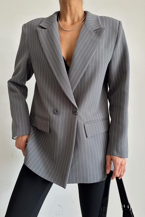 Kruvaze Çizgili Oversize Ceket Antrasit