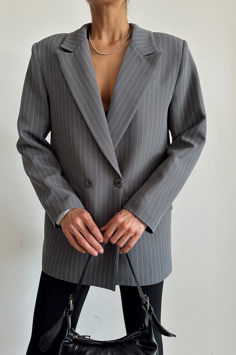 Kruvaze Çizgili Oversize Ceket Antrasit