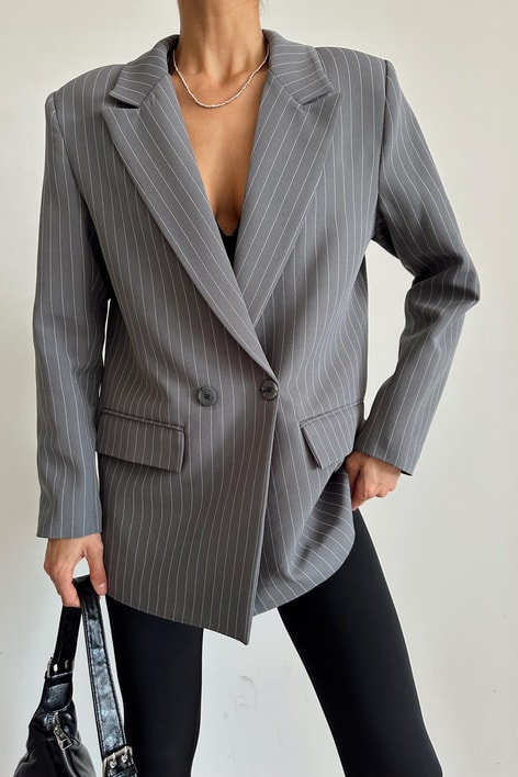 Kruvaze Çizgili Oversize Ceket Antrasit