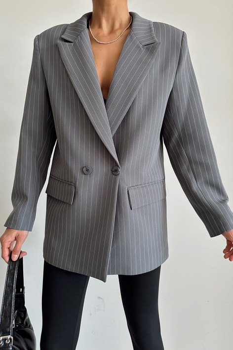 Kruvaze Çizgili Oversize Ceket Antrasit