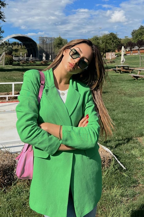 Kruvaze Ham Keten Ceket Yeşil