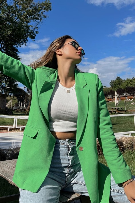 Kruvaze Ham Keten Ceket Yeşil