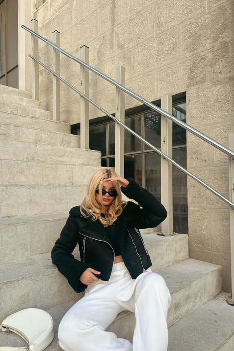 Kürklü Süet Crop Ceket Siyah