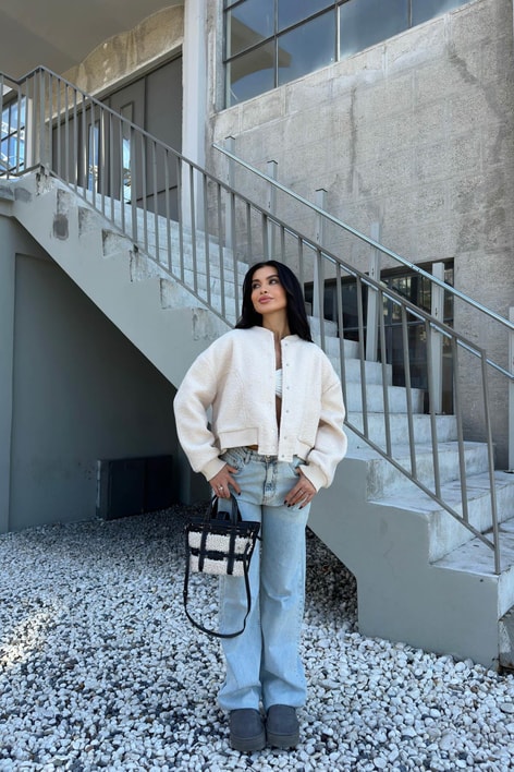 Oversize Crop Buklet ceket Krem