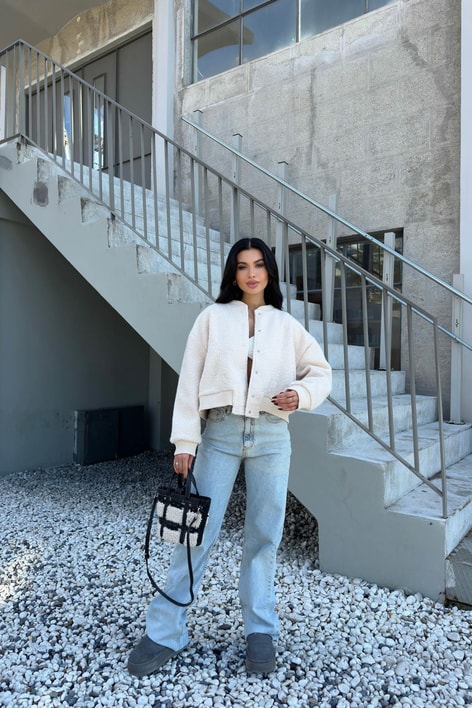 Oversize Crop Buklet ceket Krem