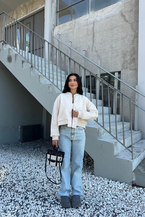 Oversize Crop Buklet ceket Krem