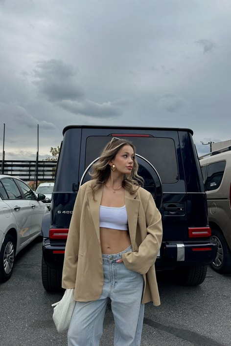 Oversize Süs Cep Blazer Ceket Camel